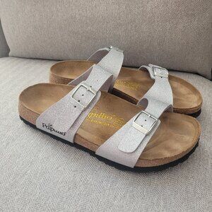Papillio Birkenstock Silver Shimmer 2 Strap Buckle Sandals Size 38 US 7